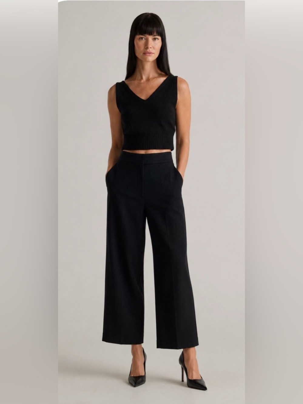 Korean Brand Wool Wide Leg Cropped Black Pants Pockets Size US 8 Quiet Luxury